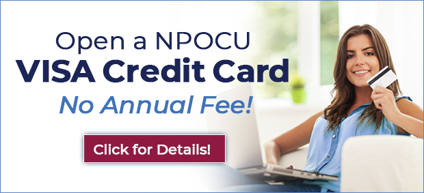 Open a NPOCU Visa Credit Card No Annual Fee!  Click for details!  Image of a smiling woman holding credit card in her hand and a laptop in her lap.