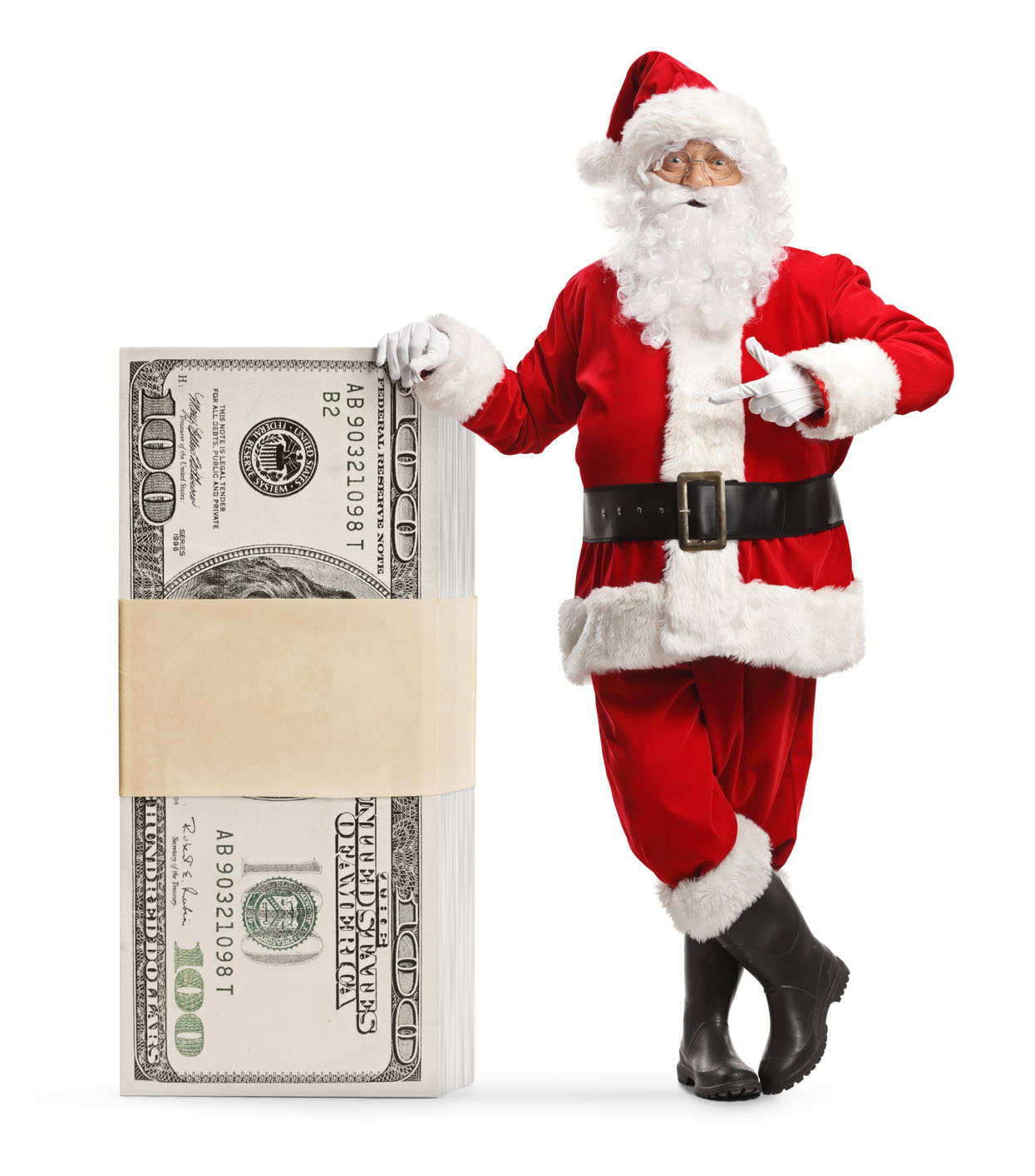 Image of a Santa Clause standing up leaning next to a large tall stack of $100 bills.  The money is standing on it's side and is as tall as Santa's shoulders.