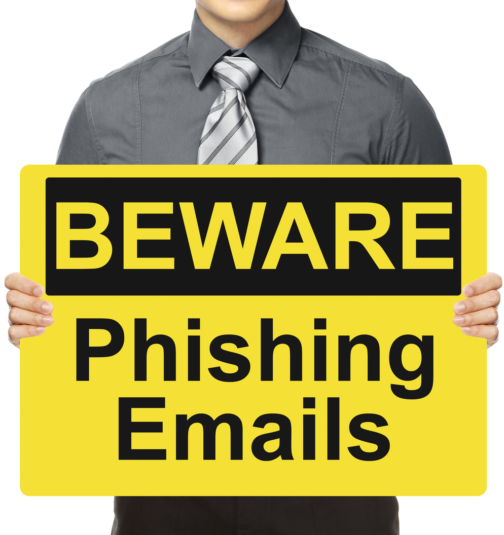Large Yellow Warning sign that says BEWARE Phishing Emails in large black text.  